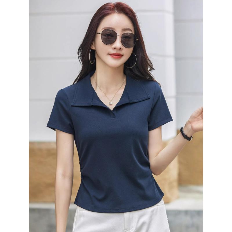 Turn-down Collar Short Sleeve T-shirt White Polo Shirt Women's Summer New Style Elegant Top Solid Color Casual T-shirt