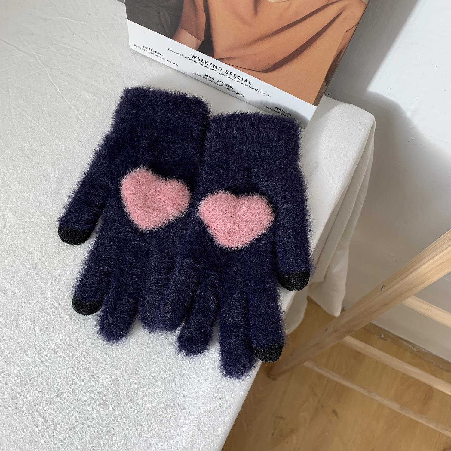 

Velvet Warm Touch Screen Gloves Sweet Girl Korean Style Cute Knitted Yarn Fingers Cycling To Prevent Cold Students average size