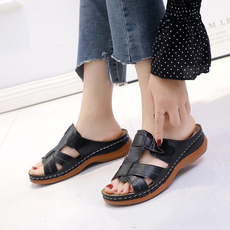 Women's Shoes 2 Summer New One-character Hollow Fish Mouth Wedge Heel Velcro Cool Slippers Women's Large Size Women's Shoes