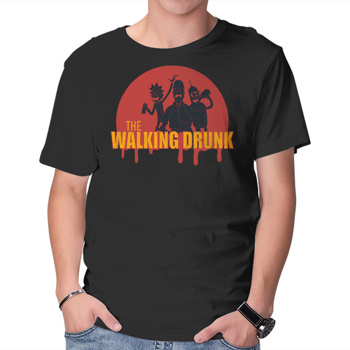 Unisex Crew Neck T-Shirt The Walking Drunk Graphic Short Sleeve Casual Tee M