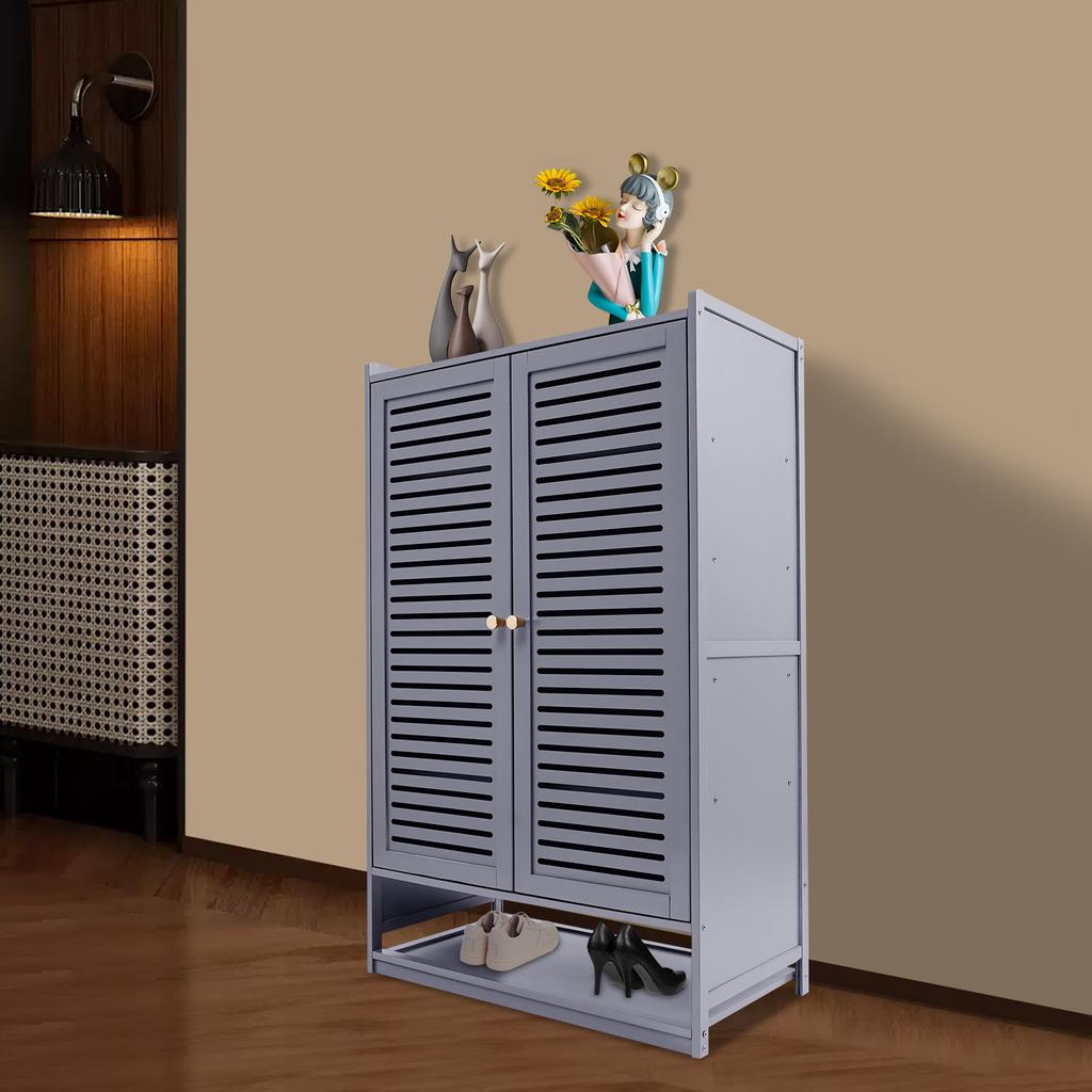 7-Tier Shoe Storage Cabinet with Louvre Doors, Grey 2-Door Shoe Rack Organizer, Holds Up to 22 lbs Per Shelf for Entryway,Closet