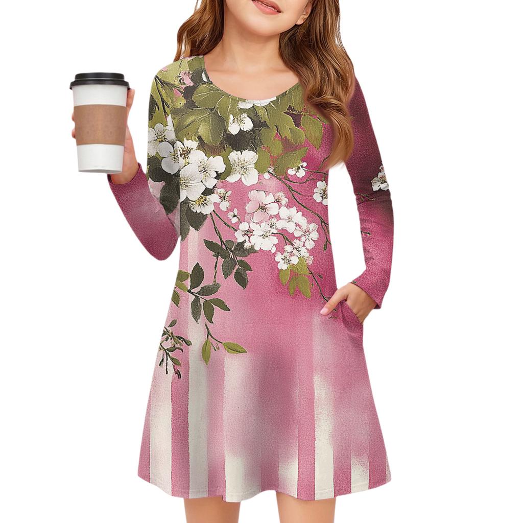 Girls' Long Sleeve Dress - Color Pocket Dress