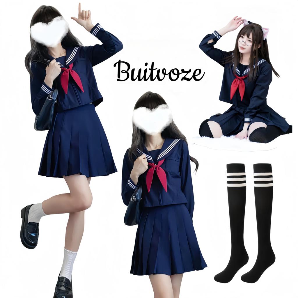 BUITVOZE Cosplay Sailor Classic High School Girl Uniform with Long Perfect for Welcome and Farewell School and Includes Long Plus Size Uniform, Navy,