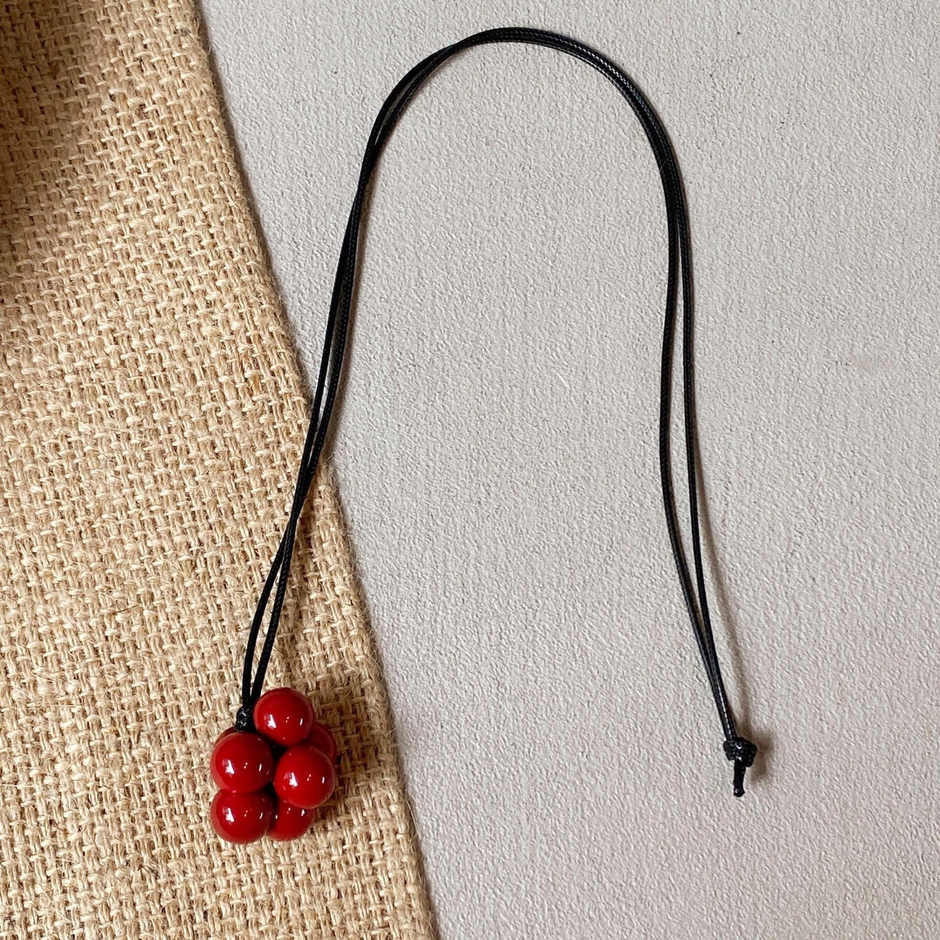 

LATS Small Ball Beads Grape Pendant Necklace for Women Long Black Leather Cord Neck Chain Fashion Zircon Accessories