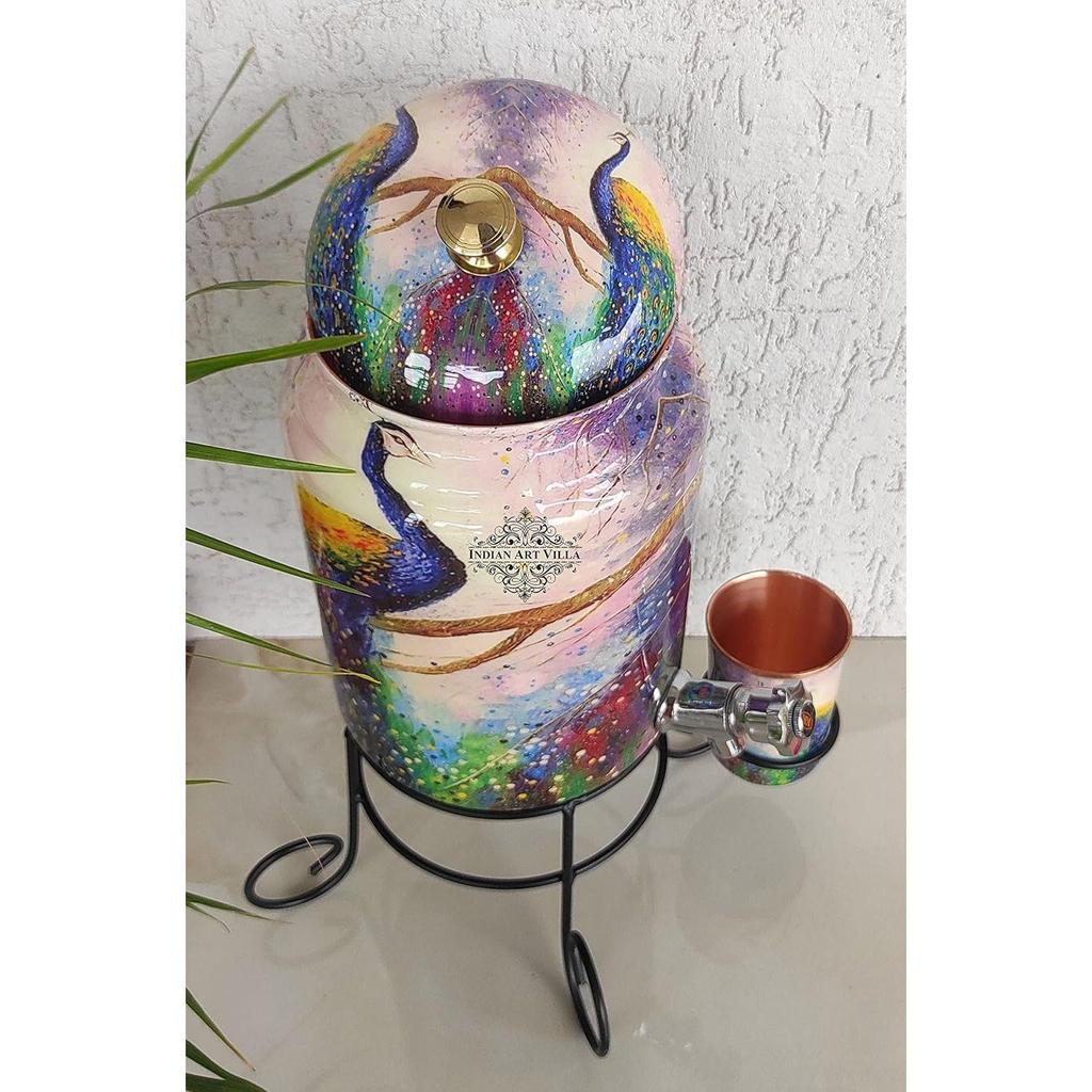 Pure Copper Peacock Printed Design Water Pot Heavy Gauge with Brass Tap & Copper Glass & Stand, Storage & Serving Water, Volume- 5 Liters