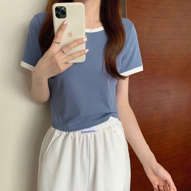Women's Color Block Round Neck Slim Fit T-shirt - Korean Style Summer Base Layer