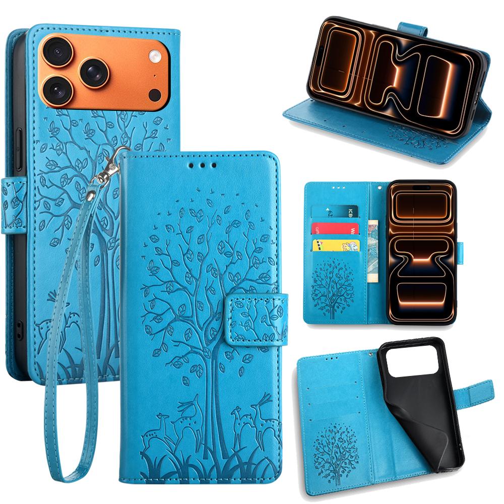 For iPhone 17 Pro Max Case PU Leather Wallet Phone Cover Tree Deer Imprinted