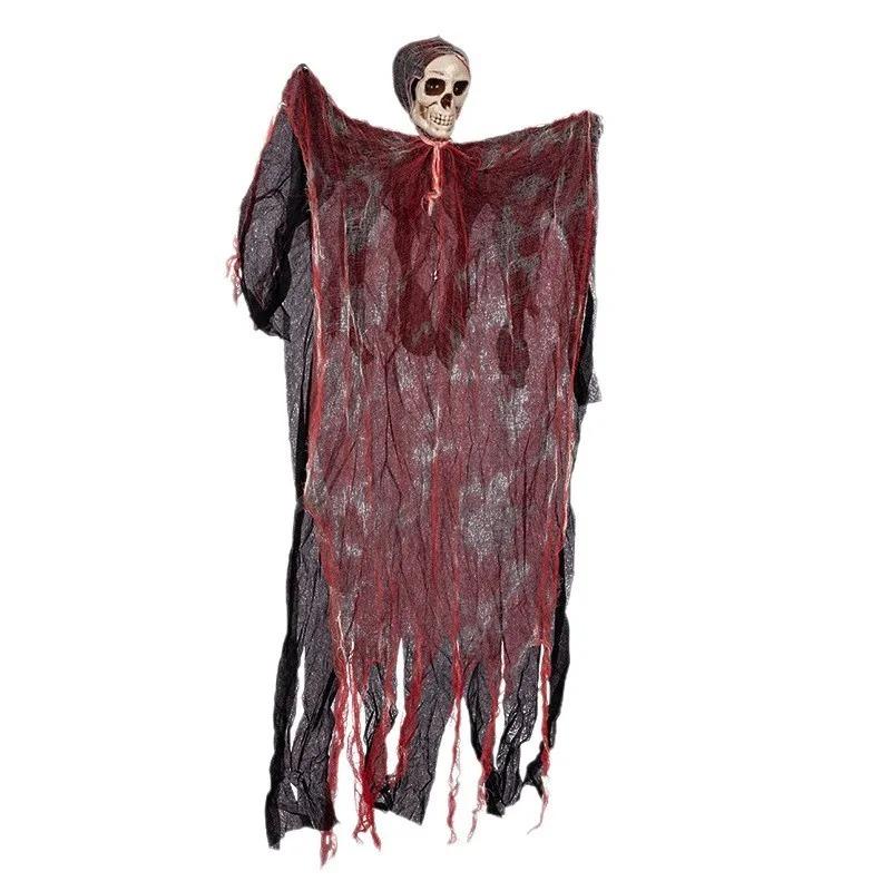 Halloween Decor Hanging Skull Blood Stained Horror Skull Head Decoration Prop Blood Red Gauze Scene Courtyard Decor