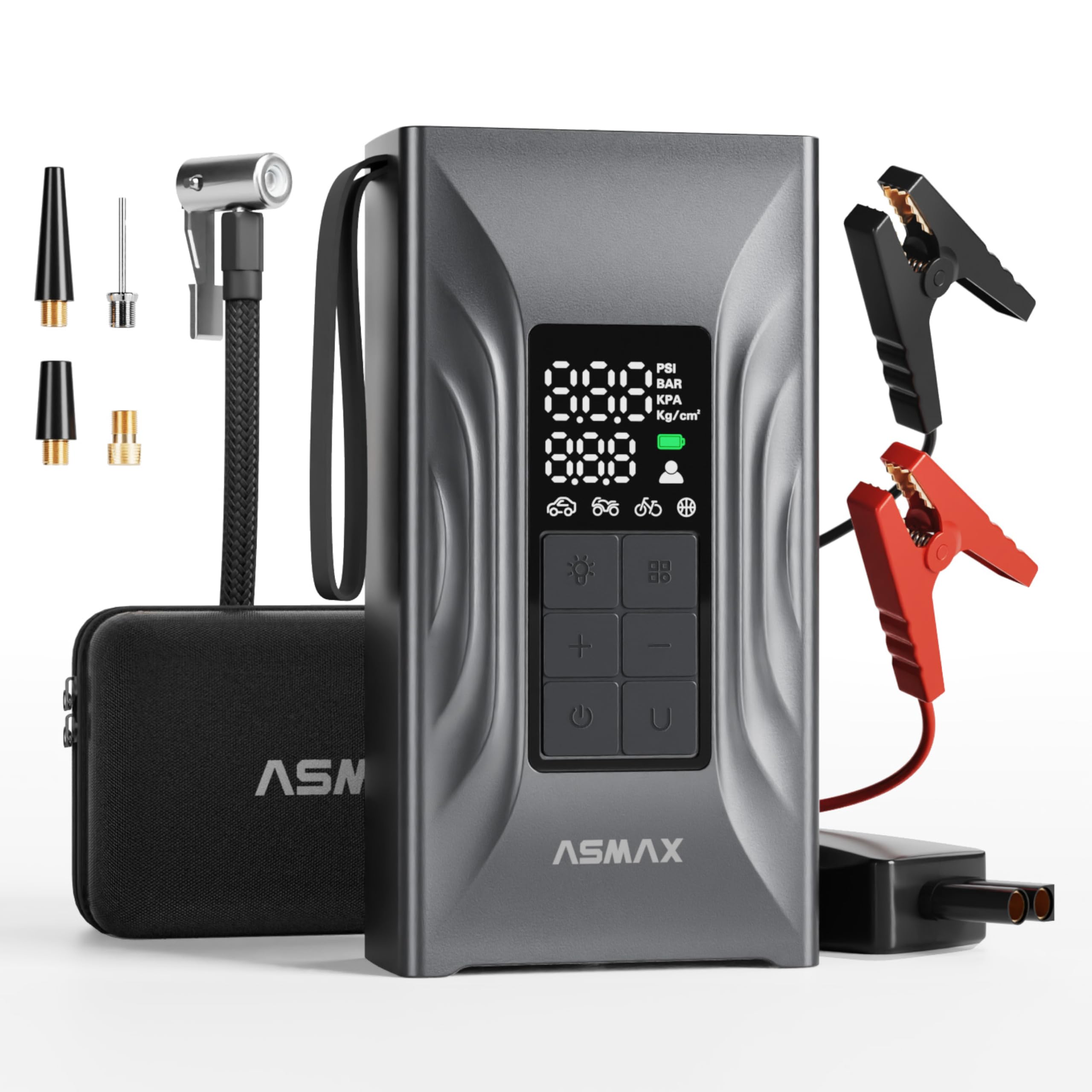 

ASMAX T20 Jump Электрический воздушный насос для 12 В 4000 А пиковый стартер двигателя для 150 PSI аварийный запуск двигателя для 12000 мАч большой совместимый до 9 л чёрный