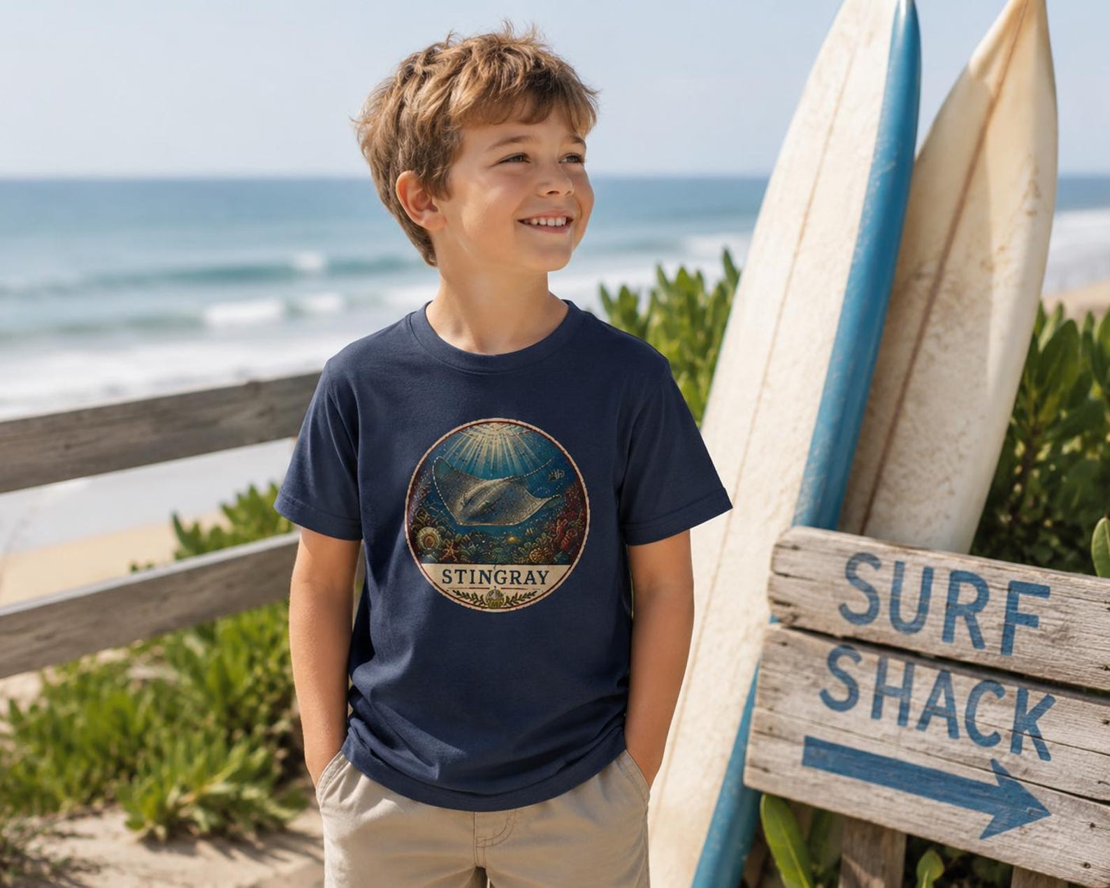 Stingray Illustration Kids Tee | Ocean Sea Life Shirt 100
