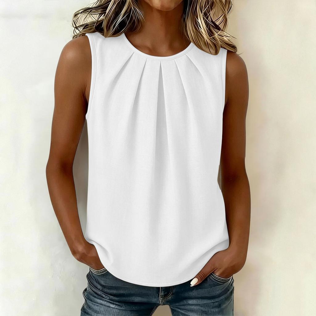 Women Sleeveless Pleated Crew Neck Loose Fit Blouse Solid Basic Casual Top for Daily Office Wear
