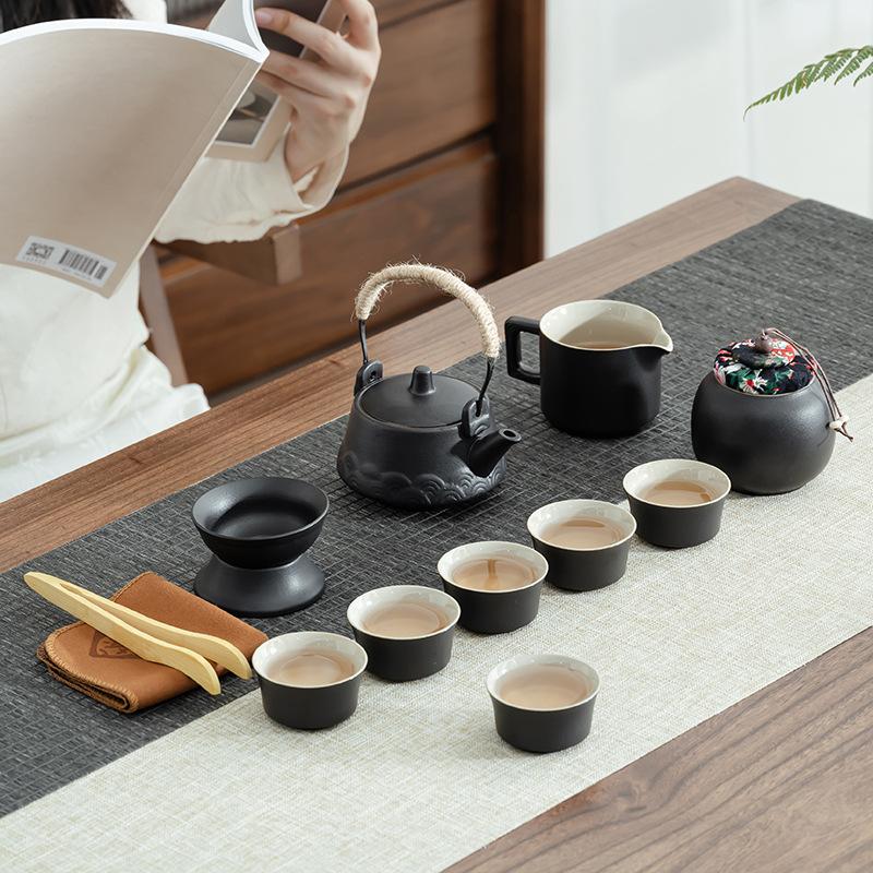 Black pottery kung fu tea set household simple modern teacup travel beam pot whole set tea sea tea can tea cup tea leak