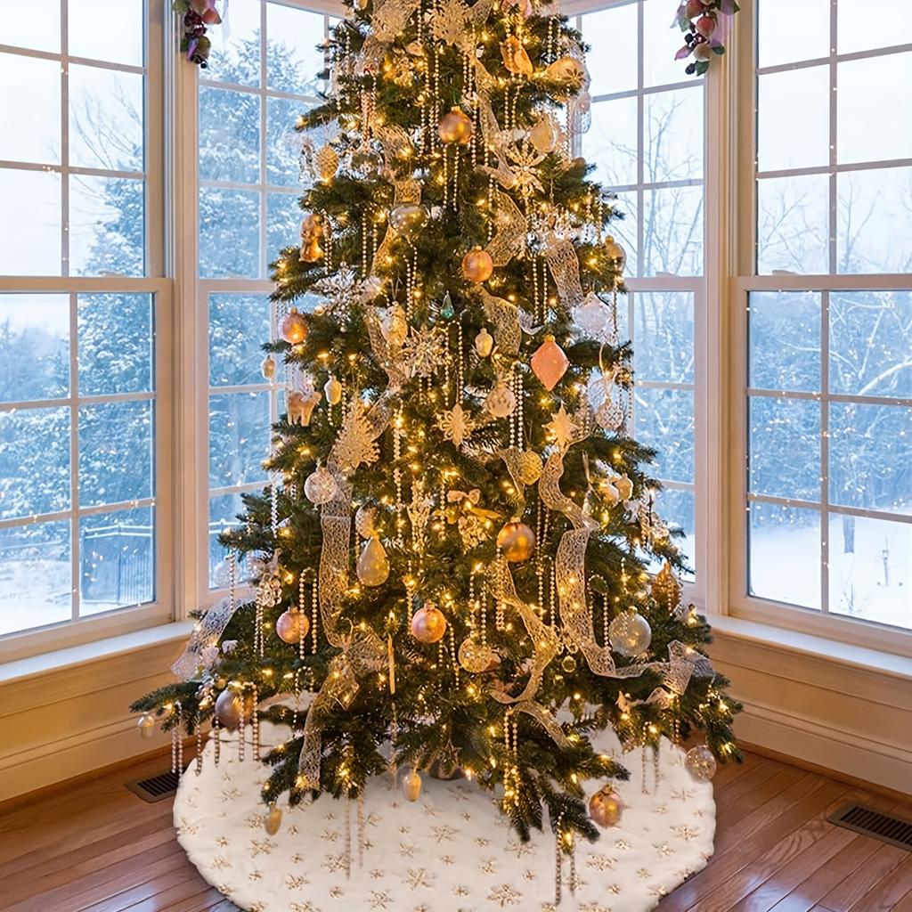 1pc Christmas Tree Skirt for Xmas Tree Holiday Party Decoration White Plush Gold Sequin Snowflake (Gold)