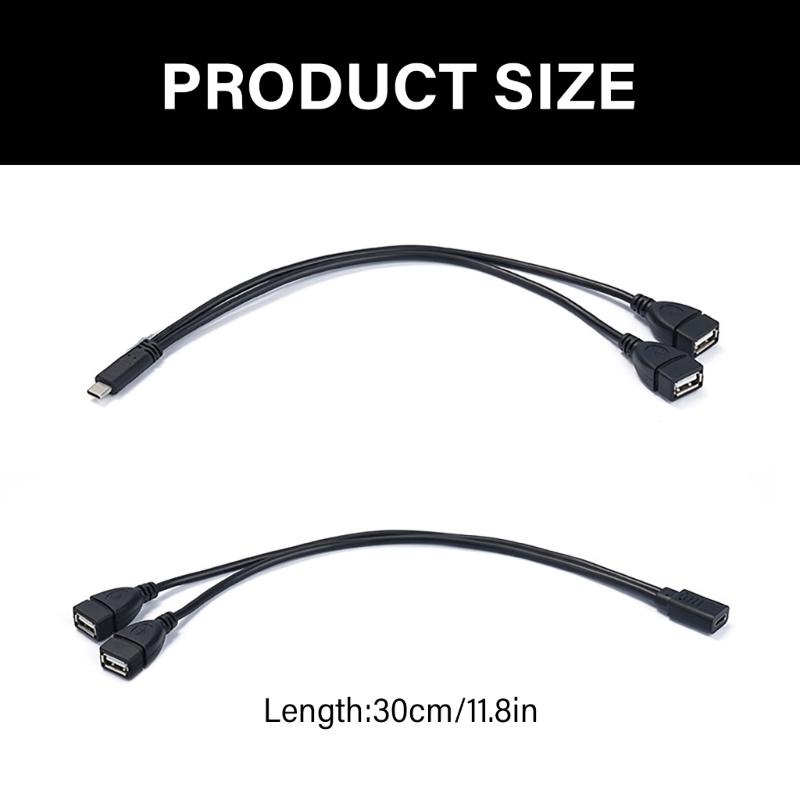 30cm Type C To Double USB Converter Adapter Cord Male/Female To Female Charger Cable Supports 15W for Mobile Devices