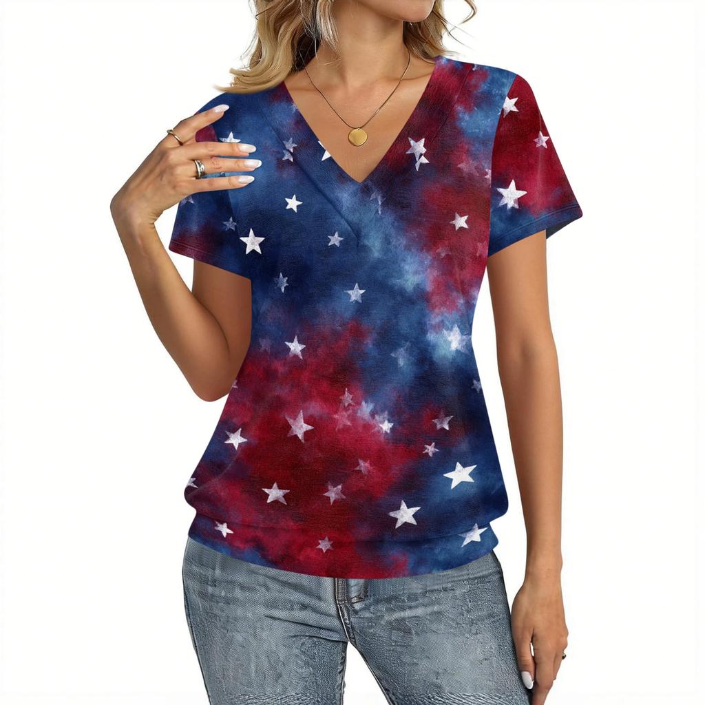 Women's Casual V Neck Short Sleeve Top Independence Day Print Lightweight Comfortable Summer Shirt for Everyday Wear