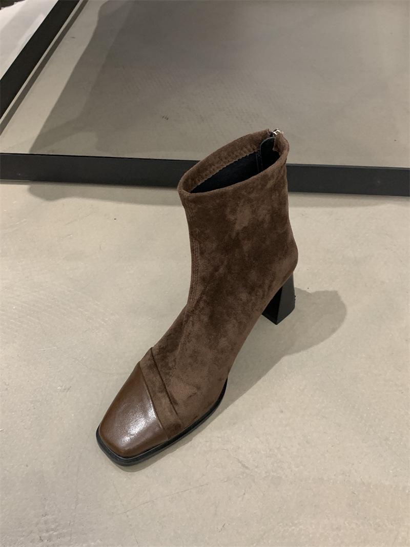 

Французские винтажные комбинированные коричневые эластичные облегающие ботильоны женские с молнией сзади на высоком каблуке короткие ботильоны ботильоны-носки 39