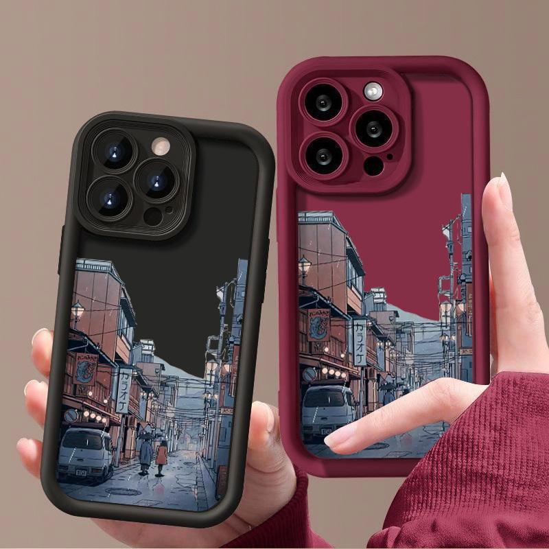 Rainy Night Streetscape Pattern Shockproof Case For iPhone 16 15 Plus 14 Pro Max 13 12 11 XS XR 8 Lens Protection TPU Soft Matte Silicone Phone Cover