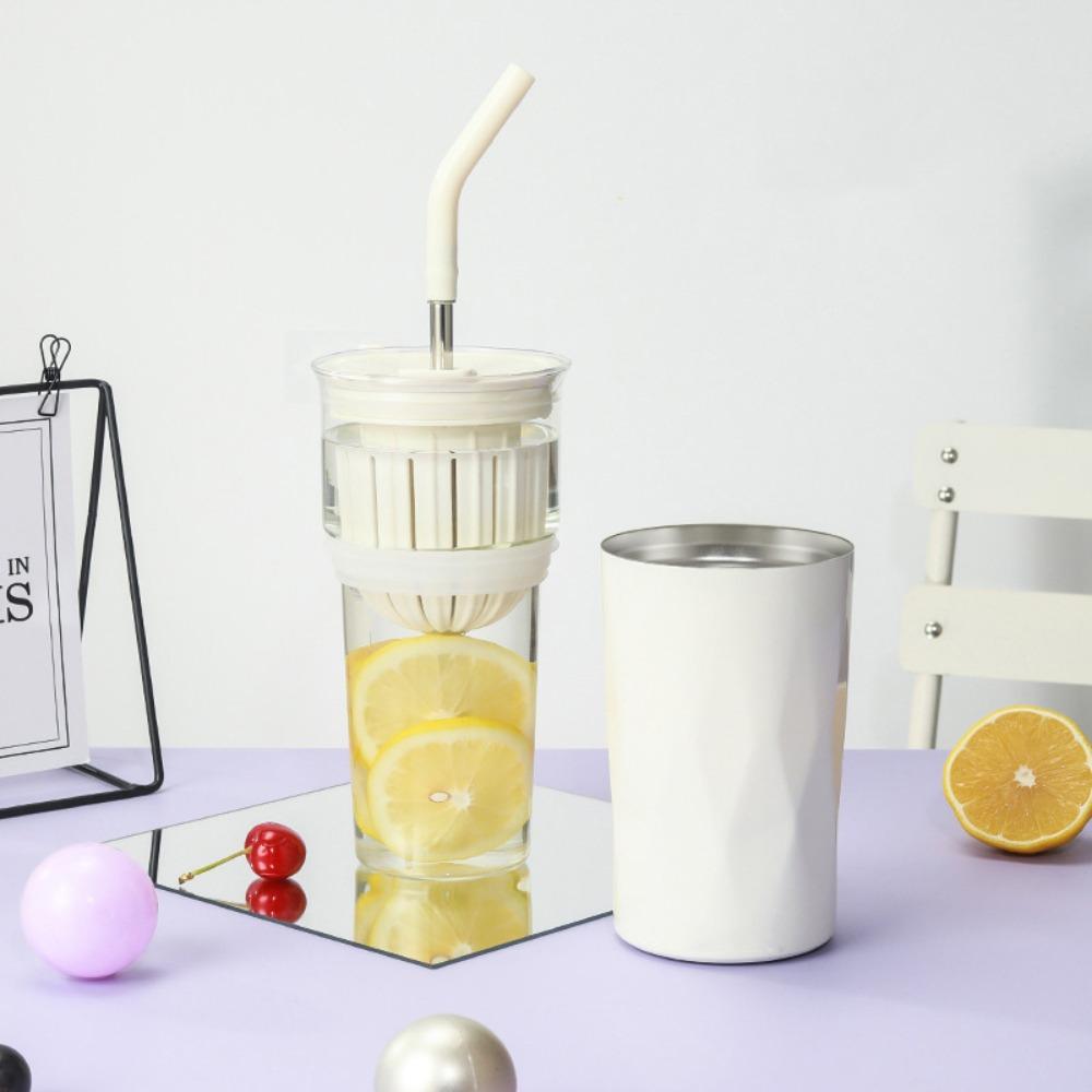2 Layer 2 in1 Cooling Storage Glass 650ML Vacuum Mug Portable Straw Cup  Drinkware