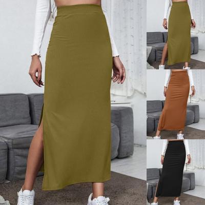 Fashion Women's Solid Color Drape Hips High Waist Elastic Elastic Waist Slit Skirt
