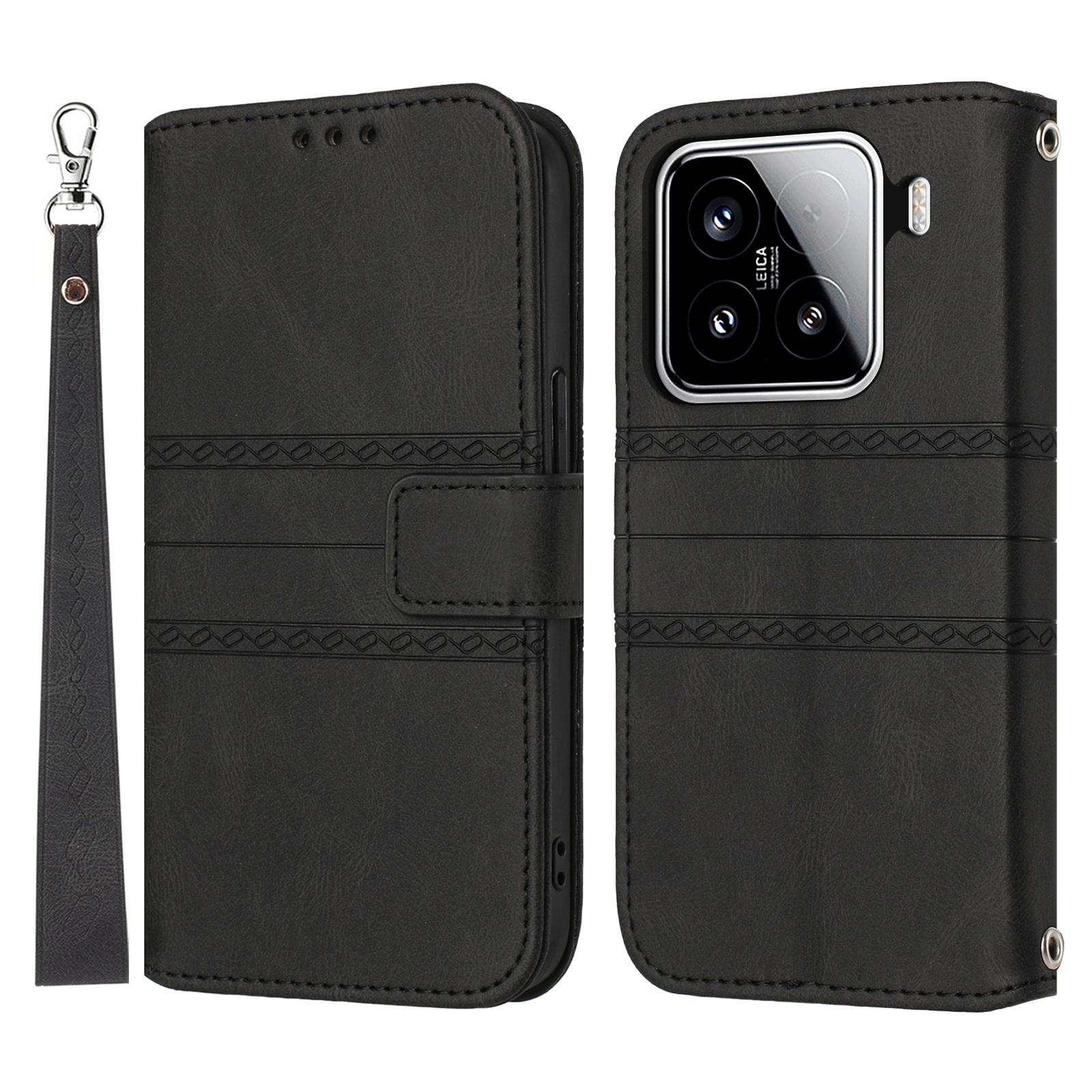

For Xiaomi 15 Case Wallet Skin-Touch Leather Imprinted Phone Cover Black