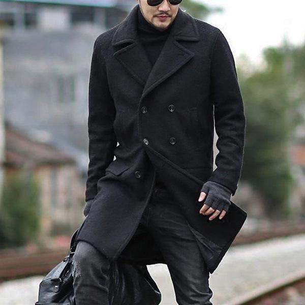 2020 Winter Mid-length Double-breasted Men's Lapel Woolen Trench Coat