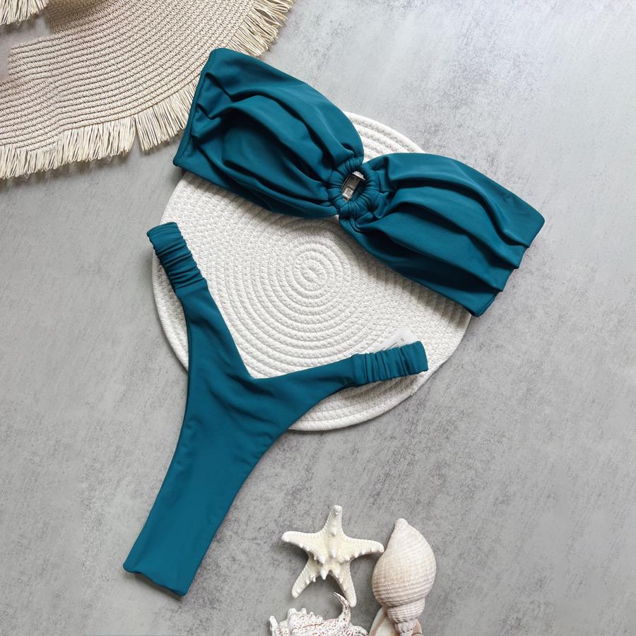 Para Praia Solid Green String Bikini 2025 Sexy Bandeau Bademode Damen Brasilianischer Badeanzug String Biquini Bandage Badeanzug