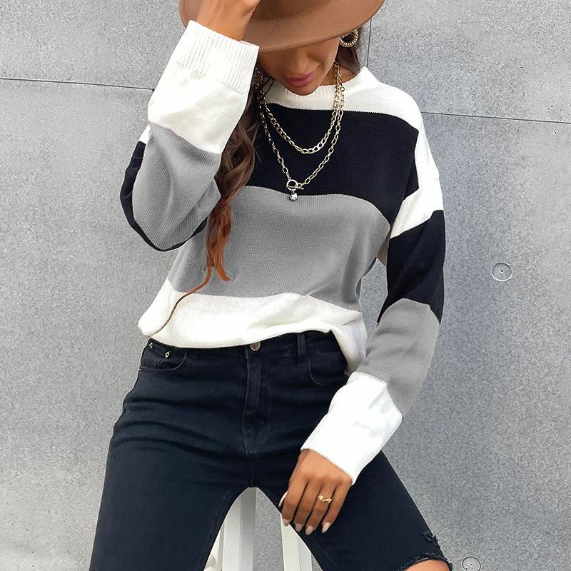 Women's Crew Neck Sweater, Striped for Fall and Winter