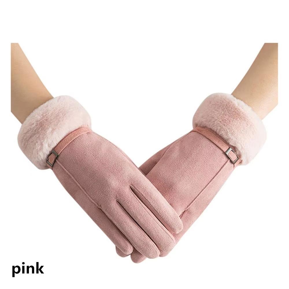 Winter Plus Velvet Candy Color Windproof Faux Fur Gloves Ski Driving Gloves Cashmere Mittens Touch Screen