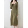 Solid color v-neck medium and long knitted dress for women's autumn and winter new temperament slim and thin over the knee primer sweater skirt