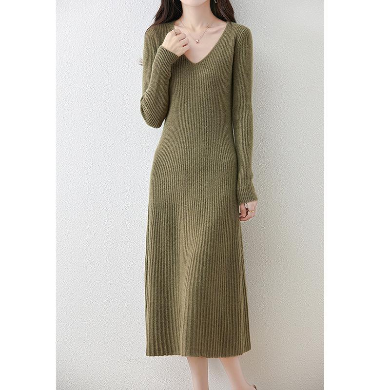 Solid color v-neck medium and long knitted dress for women's autumn and winter new temperament slim and thin over the knee primer sweater skirt