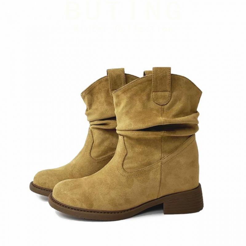 Sun Qian Pleated Pile Boots Coarse Heel Maillard Medium Boots Western Boots Skinny Boots