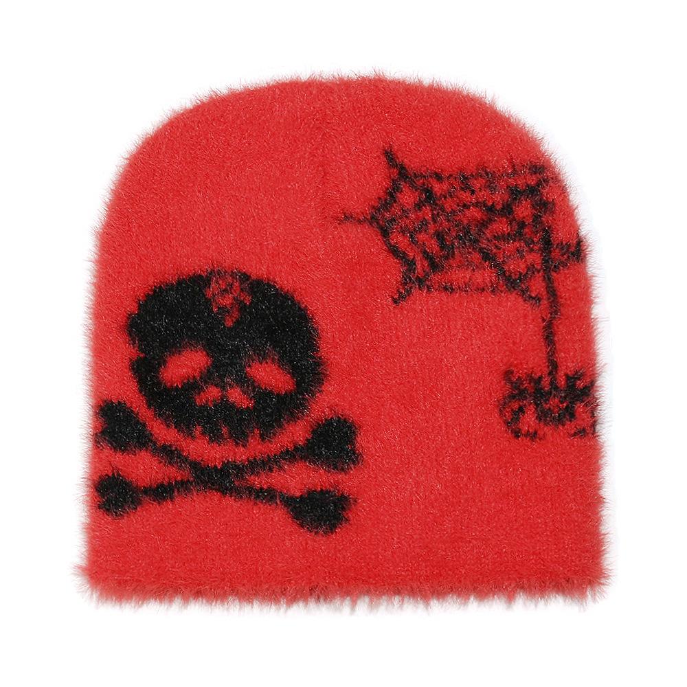 

TEMU Теплые Холодные Шапки Мужские и Женские Черепа Паутина Плюшевые Норковые Вязаные Шапки Хэллоуин M（56-58cm） красный