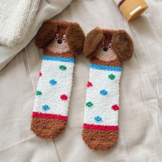 1 Pair Floor Socks 3D Cartoon Dachshund Design Striped Print Elastic Opening Socks Coral Fleece Thickened Mid-Length Sleeping Socks