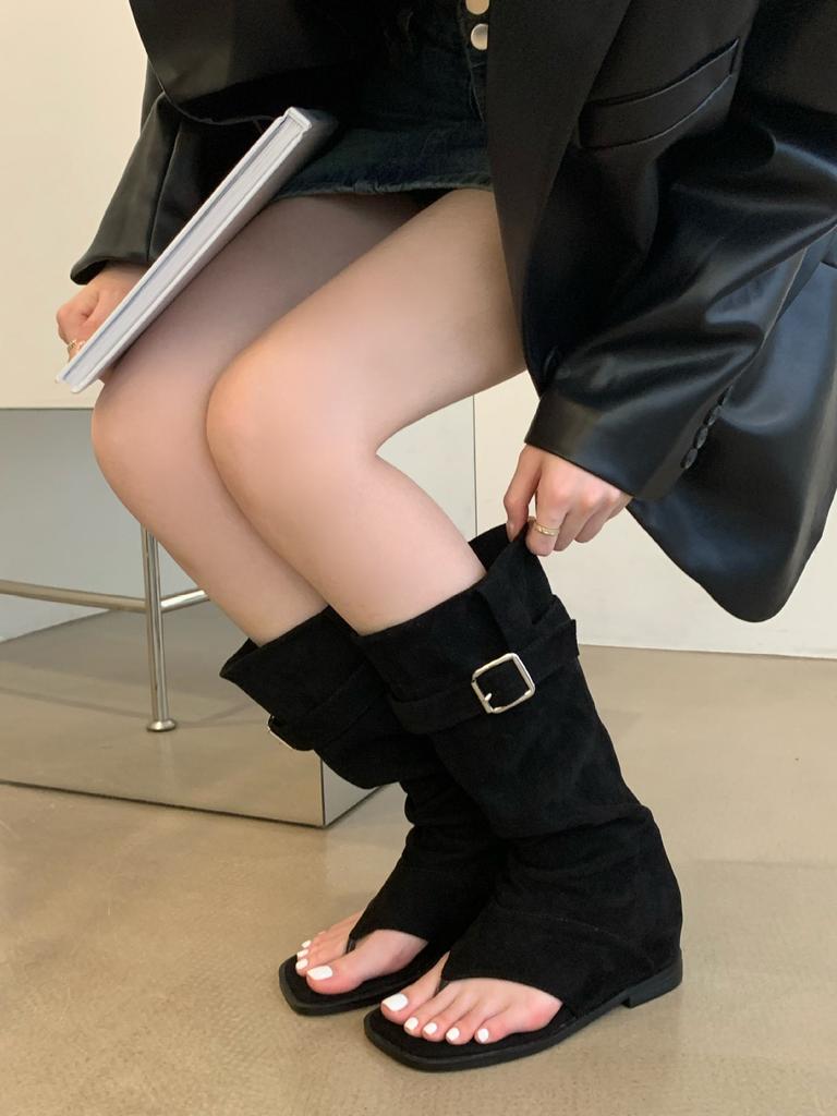 Fashion Fashion Buckle Women Knee High Heels Boots Female Flip Flops Shoes Western Ladies Sandals Boots With Square Heels Footwear