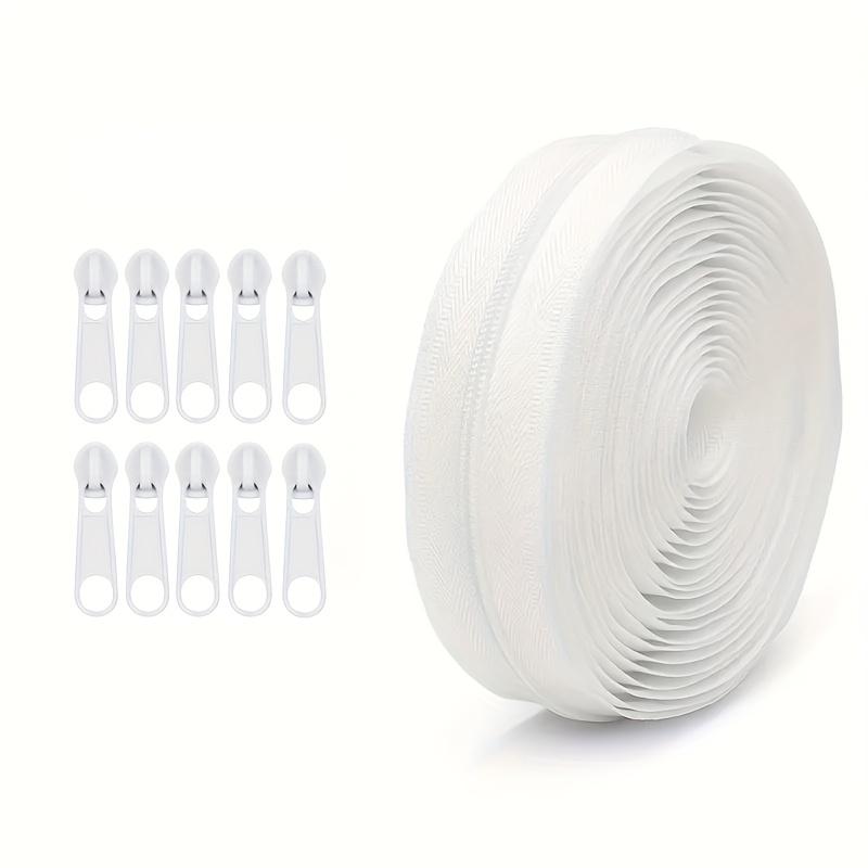 

1set Durable Zipper With 10 Metal Zipper End DIY Nylon Color Zipper For Clothing Coats Bags Luggage Sewing Accessories 5m білий