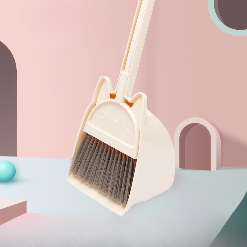 Mini Children Broom and Dustpan Cartoon Cat Flexible Bristles Kids Pretend Play Toddlers Indoor Outdoor Floor Sweeping Tool Set