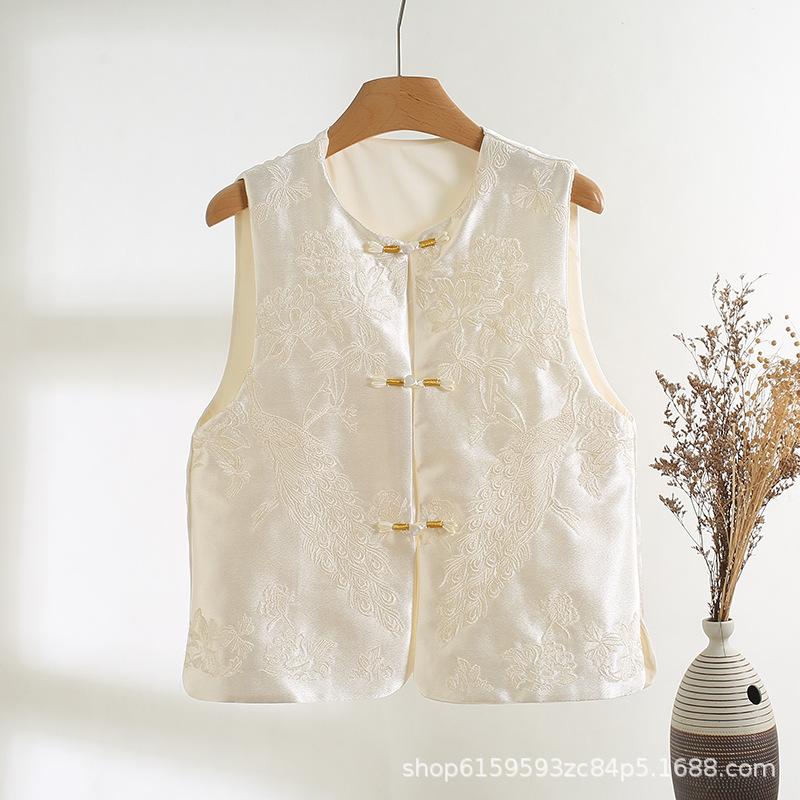 

Высококлассный элегантный темпераментный атласный жилет, женский жилет с круглым вырезом и жаккардовой застежкой-диском для ранней весны M [Recommended below 50kg]