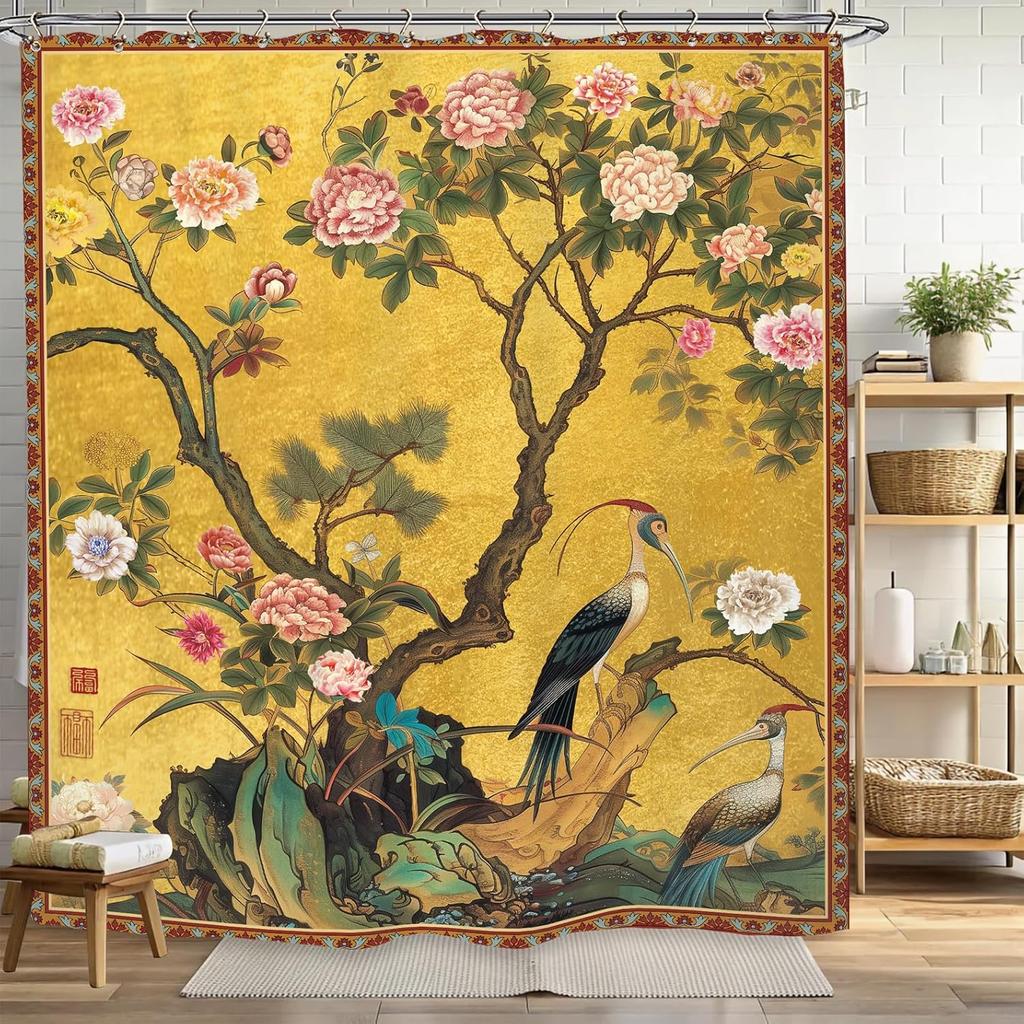 Vintage Flower Floral Bathroom Shower Curtain Retro Crane Chinese Botanical Art Polyester Fabric 12 Plastic Hooks Waterproof