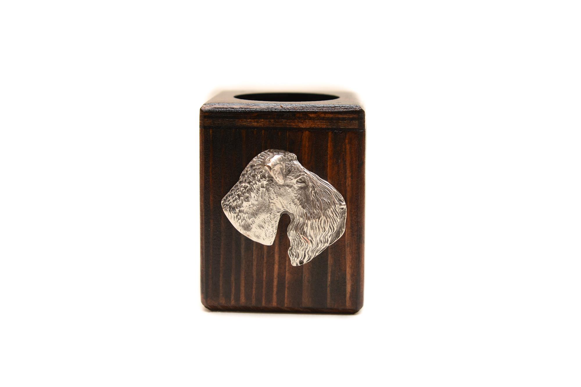 

Kerry Blue Terrier, Irish Blue Terrier - wooden candle holder with a dog, a unique souvenir after losing a dog, a handicraft from the Art-Dog brand коричневий