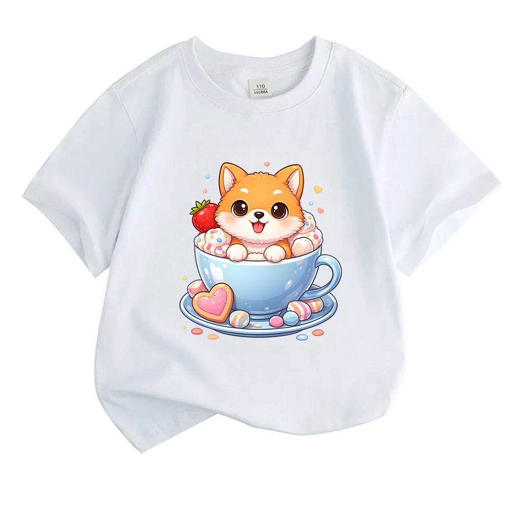Kids Boys Girls 100% Cotton Crew Neck Short Sleeve T-Shirt Cute Cartoon Shiba Inu in Teacup Sweet Dessert Print Casual Soft Summer Tees for Children
