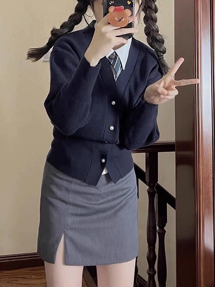 Trendiger JK College V-Ausschnitt Cardigan: Damen Strickpullover, Langarm Herbst Oberbekleidung