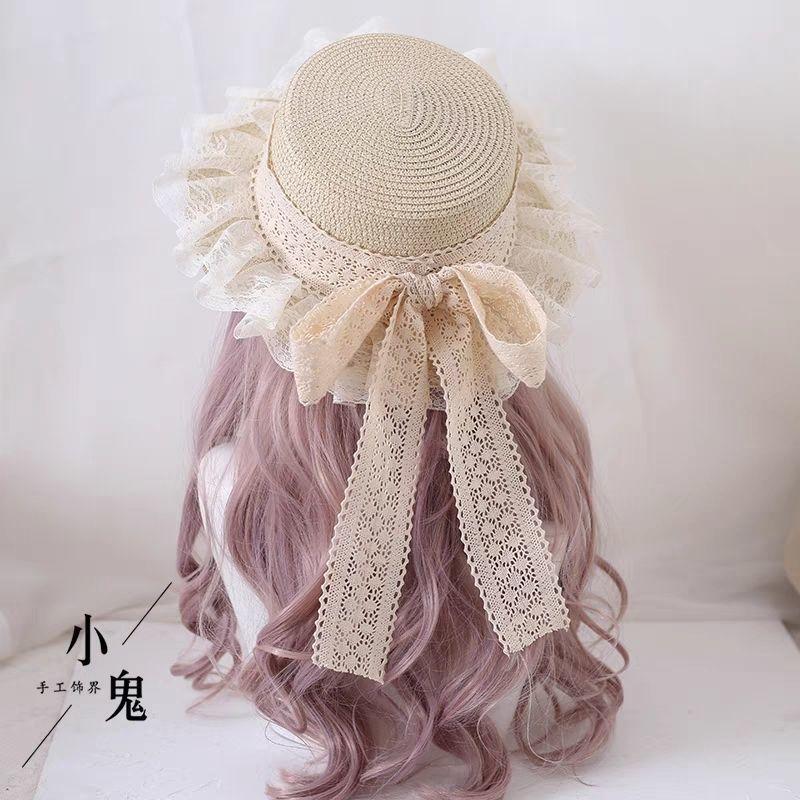 Sweet and Cute Mori Soft Girl Lace Bow Hat Lolita Travel Sunscreen Streamer Woven Parent-child Hat