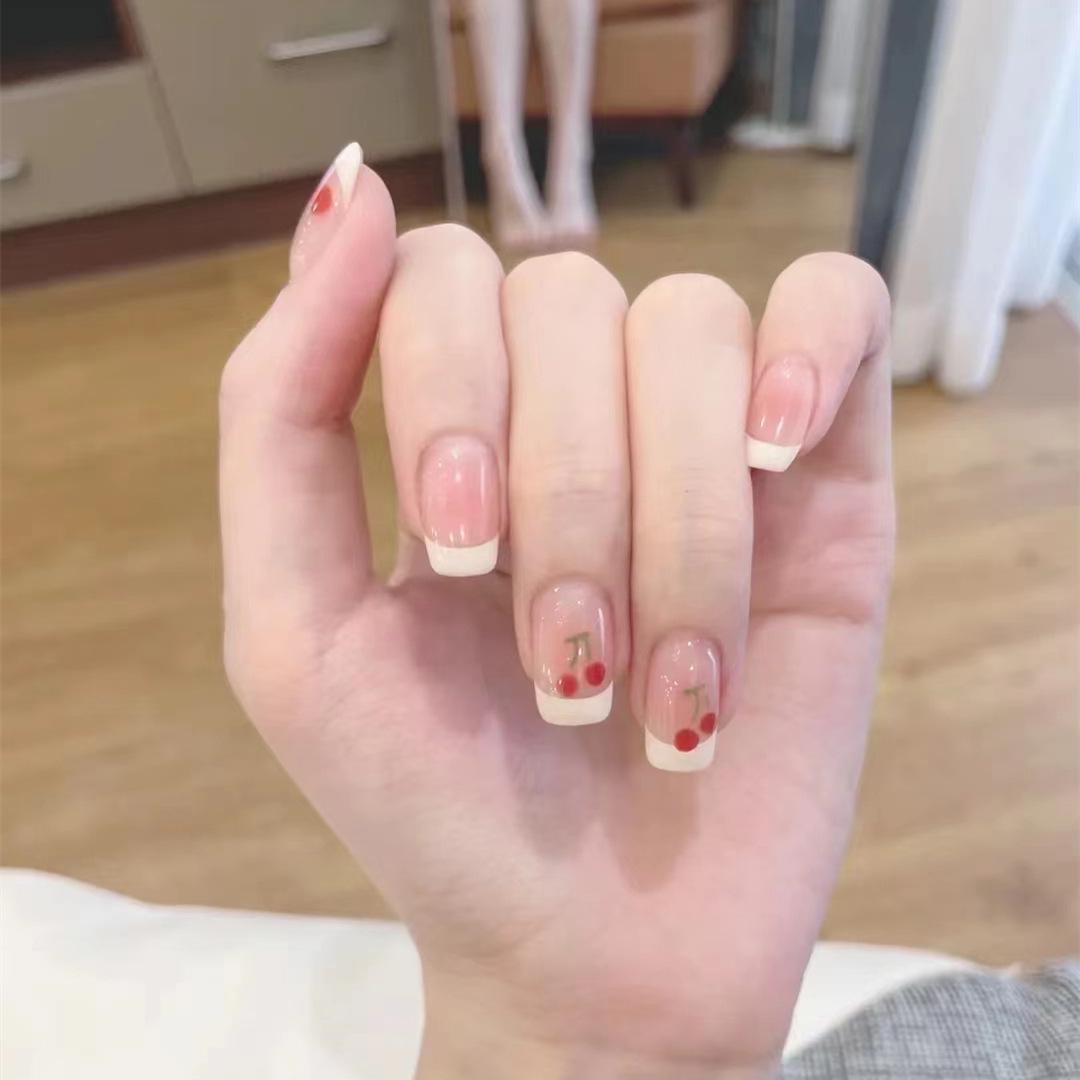 

C475 French Cherry Medium-Long Wearable Nails: Fresh Style Finished Nail Art