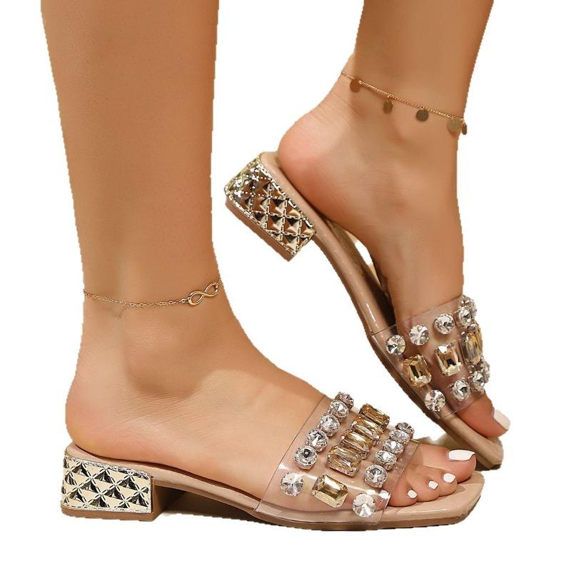 Fashion Summer Glitter Rhinestone Slides Women Slippers Outdoor Heeled Mules Low Heeled Sandals Fashion Women Shoes Chaussures Femme