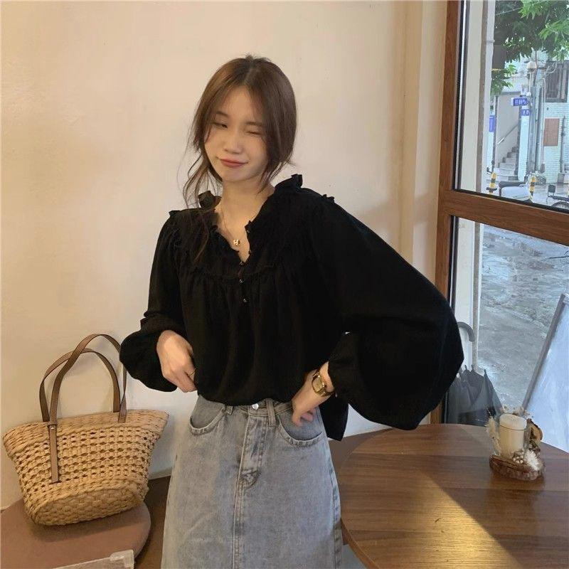 French Style Retro Puff Sleeve Blouse Women Korean Fashion Spliced Ruffles Shirt Ladies Elegant Chic Design Shirts