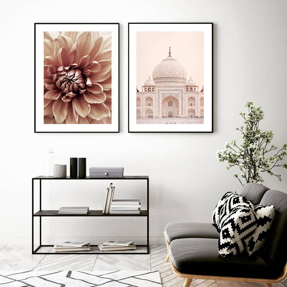 Taj Mahal plakatutskrift Beige lerretskunst Veggmaleri Dahlia Vase Palmeblad Veggmaleri Stue Nordic Living Room Home Decoration