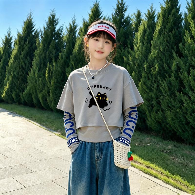 Girls' Stylish Cartoon Layered Look Cotton Long-Sleeve T-Shirt for Spring/Autumn – Medium/Large Sizes