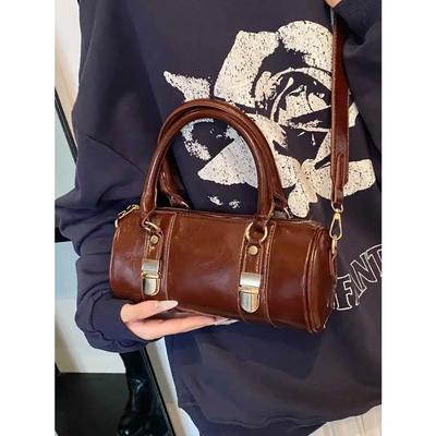 Vintage Ölleder Fassförmige Handtaschen Damen High-End Strukturierte Reißverschluss Schultertaschen Lady Commuter Crossbody Bag