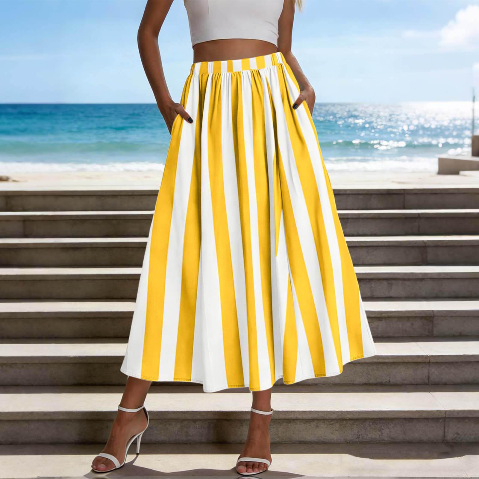 

Women’s High Waist Wide Leg Striped Palazzo Pants Elastic Waistband Loose Fit Flowy Long Trousers with Pockets for Casual and Everyday Wear M жовтий