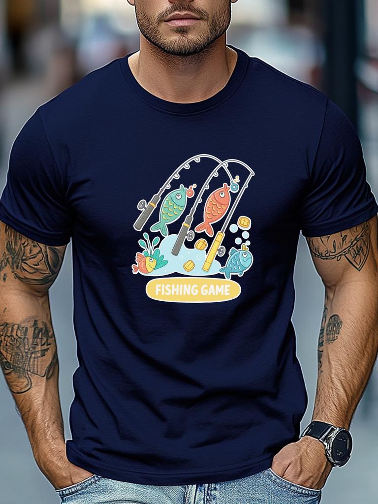 Mens Summer Fishing TShirt Fishing Game Rod Fish Print Short Sleeve Round Neck Soft Oversized Playful Daily Wear